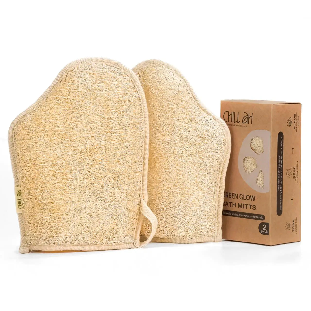 Chill Ah Green Glow All Natural Exfoliator Dual Sided Loofah Bath Mitts – 100% Plant-Based Dye-Free Biodegradable Scratch-Free Handcrafted in Vietnam (2-Pack)