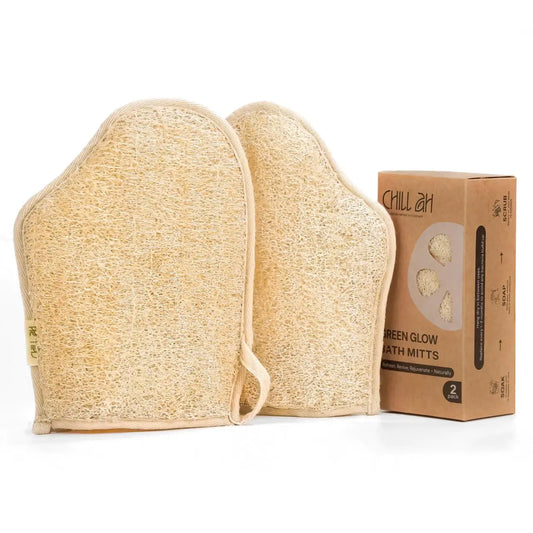 Chill Ah Green Glow All Natural Exfoliator Dual Sided Loofah Bath Mitts – 100% Plant-Based Dye-Free Biodegradable Scratch-Free Handcrafted in Vietnam (2-Pack)