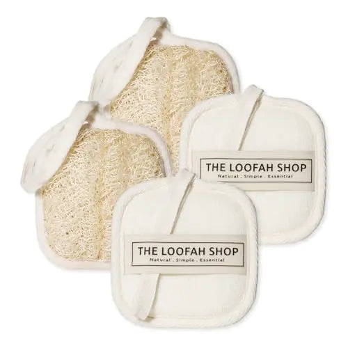 The Loofah Shop Premium Loofah Face Scrubber Exfoliating Face Luffa Pad Natural Cleansing Loofah Sponge for Deep Exfoliation. EcoFriendly Loofa for Men and Women in Cotton Travel Pouch (1pack 4pcs)
